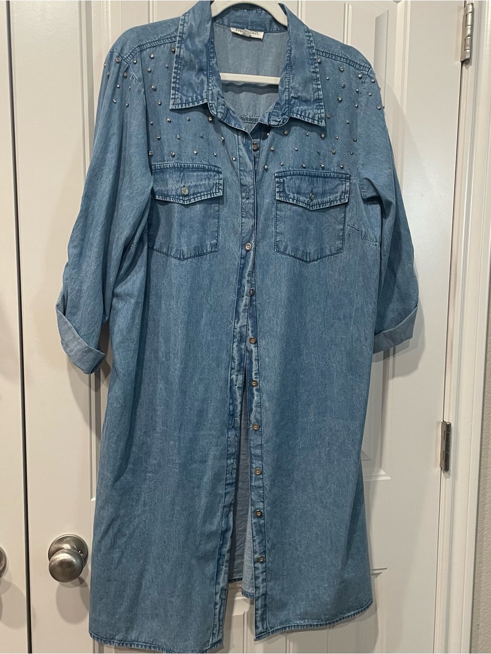 Light Blue Denim Shirt Dress with Stud Details